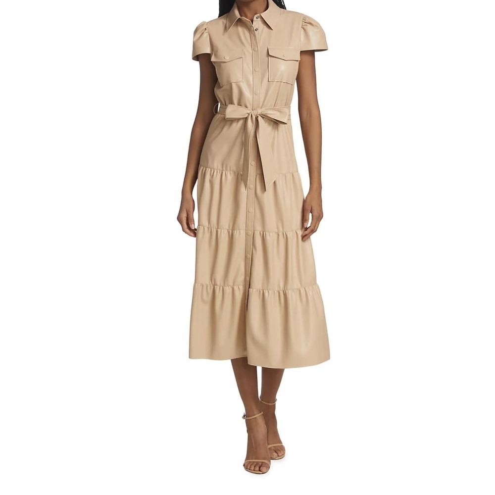 Alice + Olivia Faux Leather Tiered Shirt Dress Beige Button‎ Front Midi Size 2